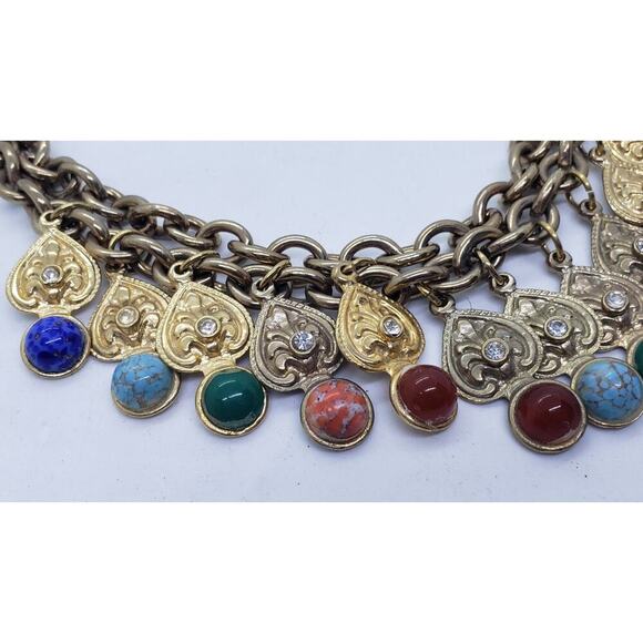 Double Chain Choker Faux Gem Rhinestones Dangle Charms Chunky 10k Gold Plated - Picture 6 of 11